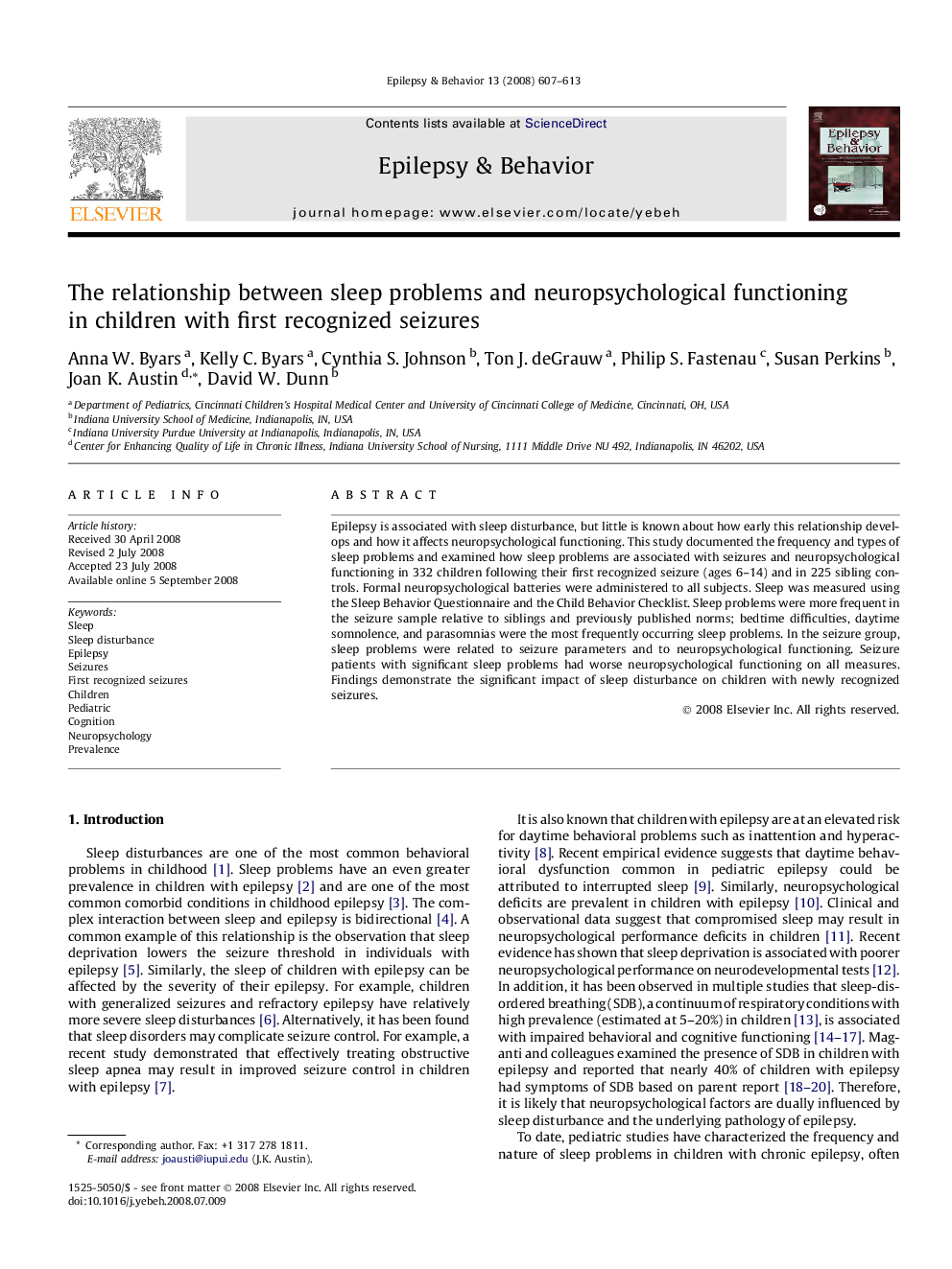 The relationship between sleep problems and neuropsychological functioning in children with first recognized seizures