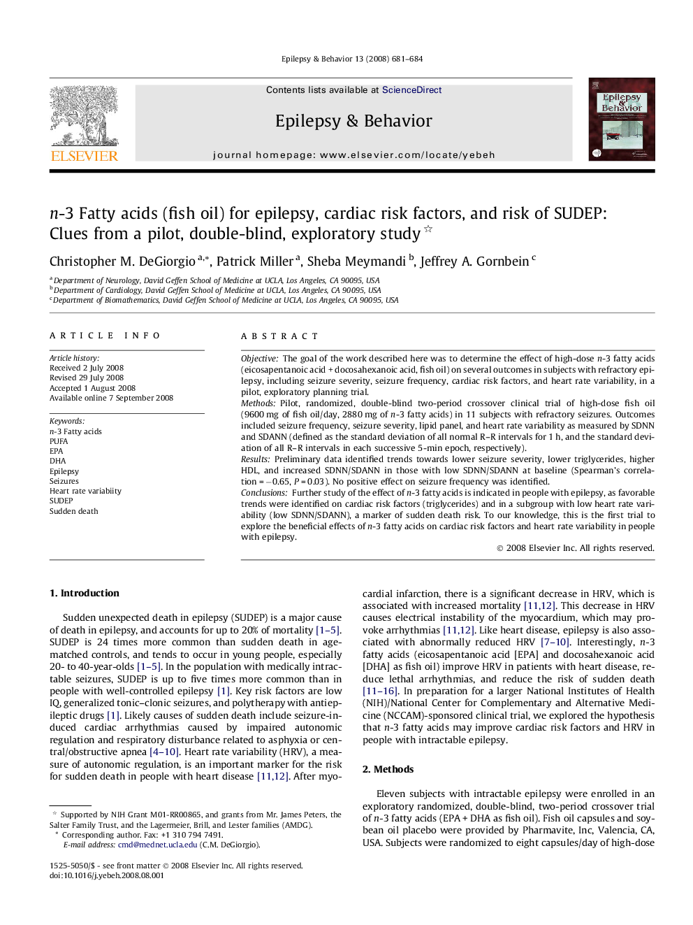 n-3 Fatty acids (fish oil) for epilepsy, cardiac risk factors, and risk of SUDEP: Clues from a pilot, double-blind, exploratory study 