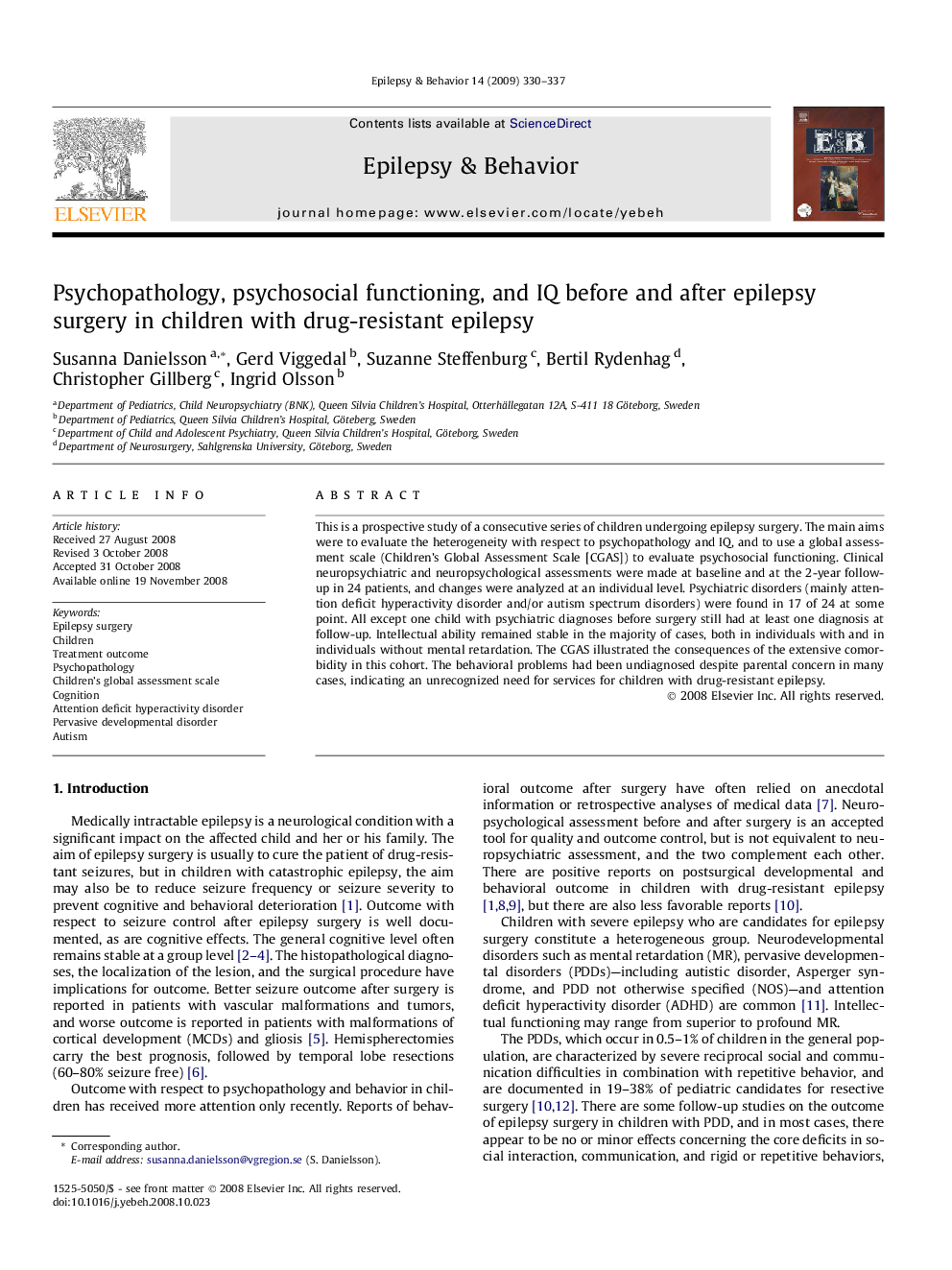 Psychopathology, psychosocial functioning, and IQ before and after epilepsy surgery in children with drug-resistant epilepsy