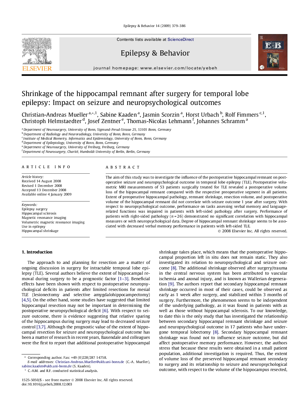 Shrinkage of the hippocampal remnant after surgery for temporal lobe epilepsy: Impact on seizure and neuropsychological outcomes