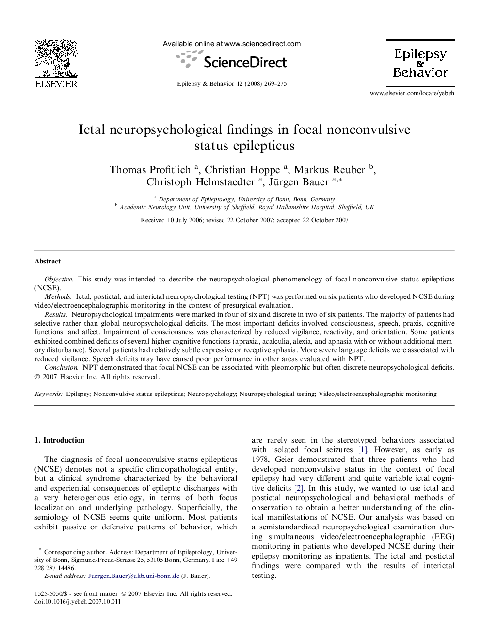 Ictal neuropsychological findings in focal nonconvulsive status epilepticus