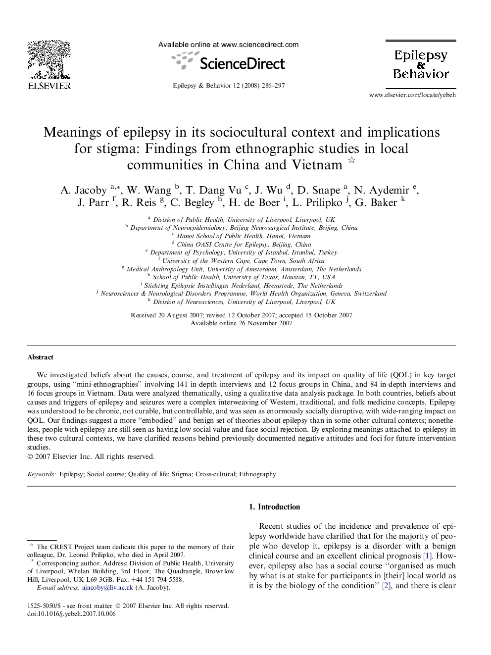 Meanings of epilepsy in its sociocultural context and implications for stigma: Findings from ethnographic studies in local communities in China and Vietnam 