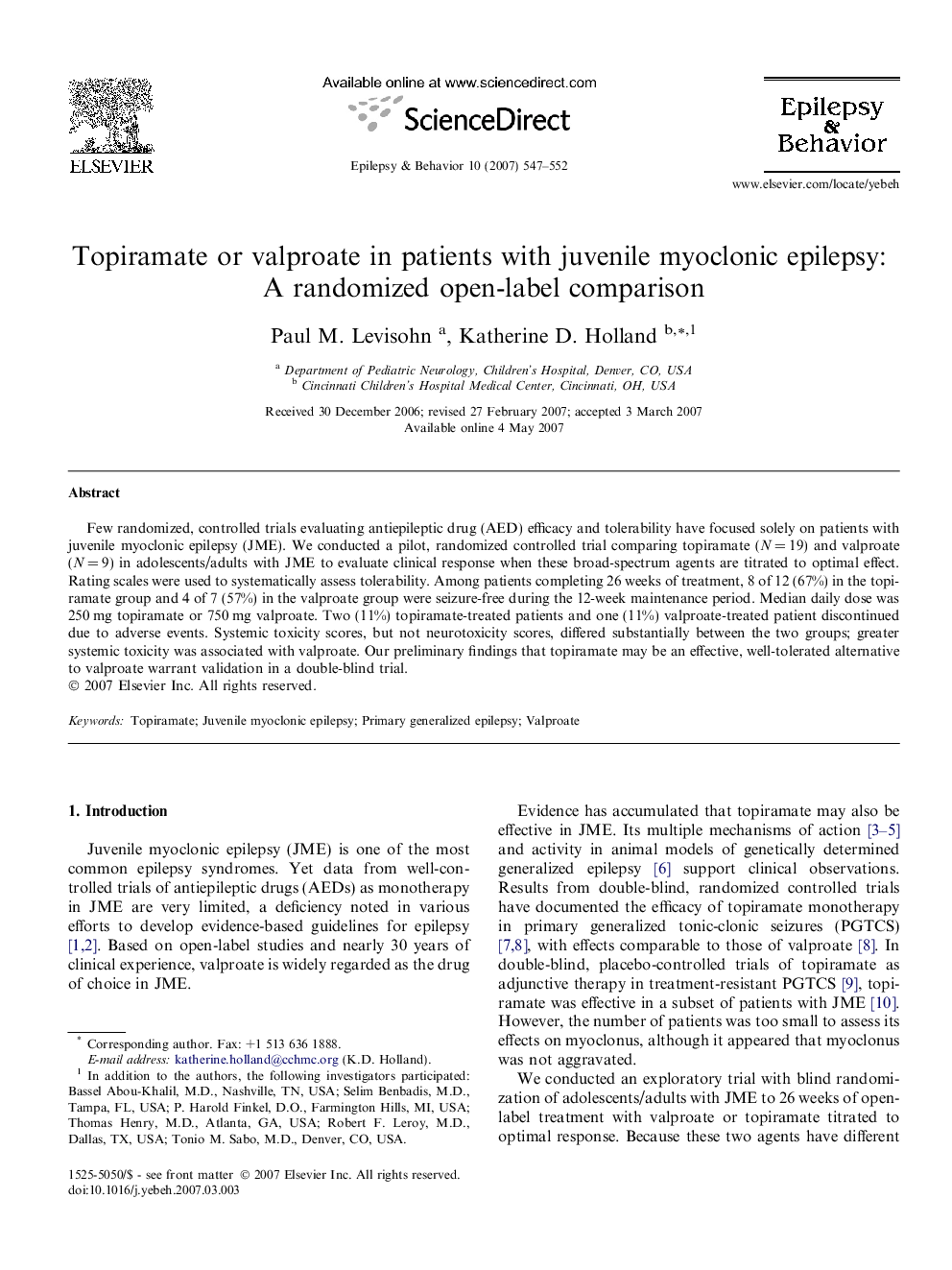 Topiramate or valproate in patients with juvenile myoclonic epilepsy: A randomized open-label comparison