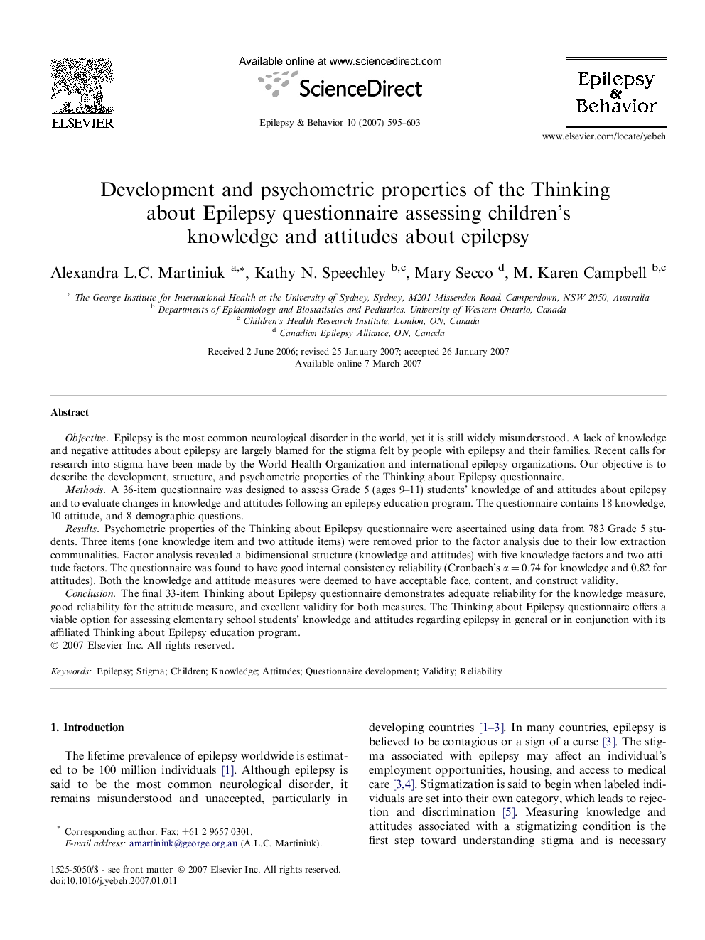 Development and psychometric properties of the Thinking about Epilepsy questionnaire assessing children’s knowledge and attitudes about epilepsy