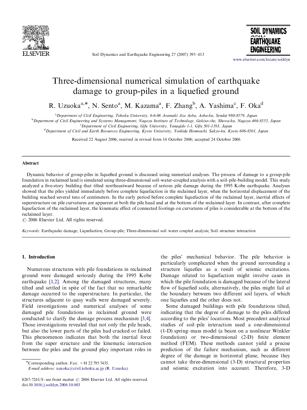 Three-dimensional numerical simulation of earthquake damage to group-piles in a liquefied ground