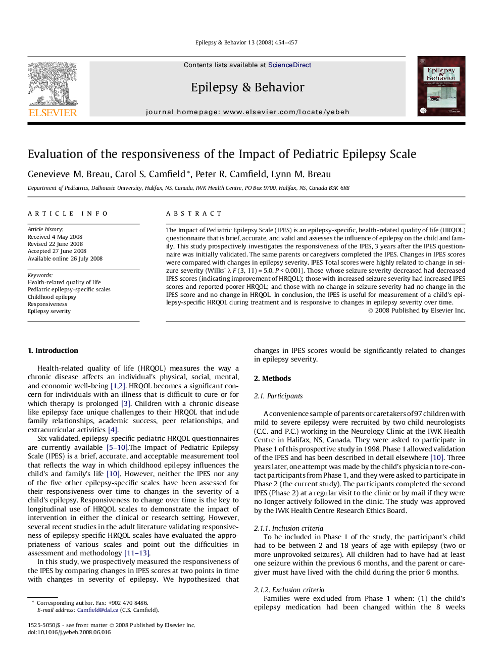 Evaluation of the responsiveness of the Impact of Pediatric Epilepsy Scale