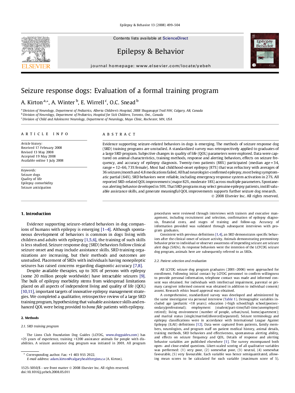 Seizure response dogs: Evaluation of a formal training program