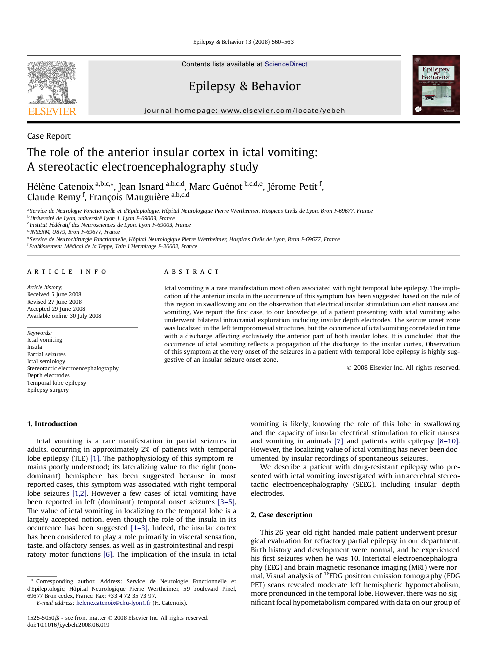 The role of the anterior insular cortex in ictal vomiting: A stereotactic electroencephalography study