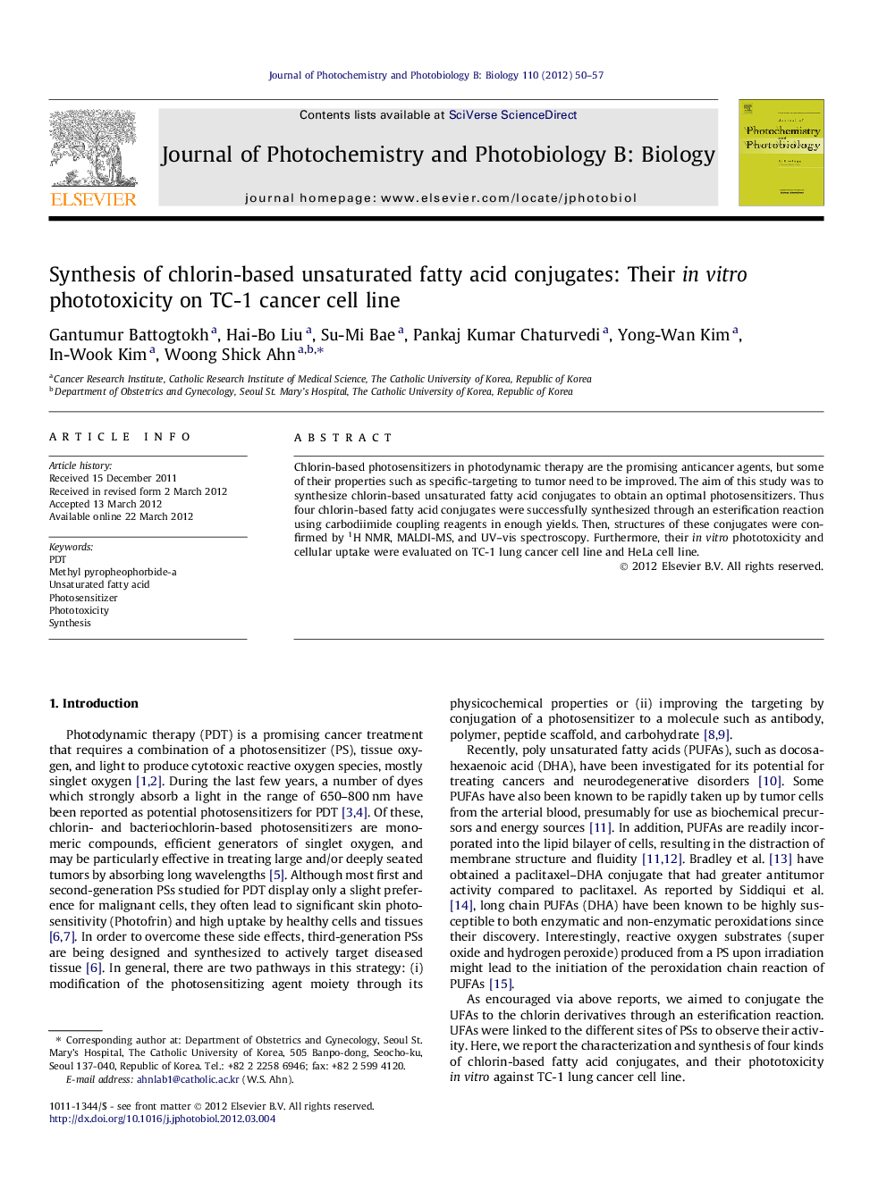 Synthesis of chlorin-based unsaturated fatty acid conjugates: Their in vitro phototoxicity on TC-1 cancer cell line