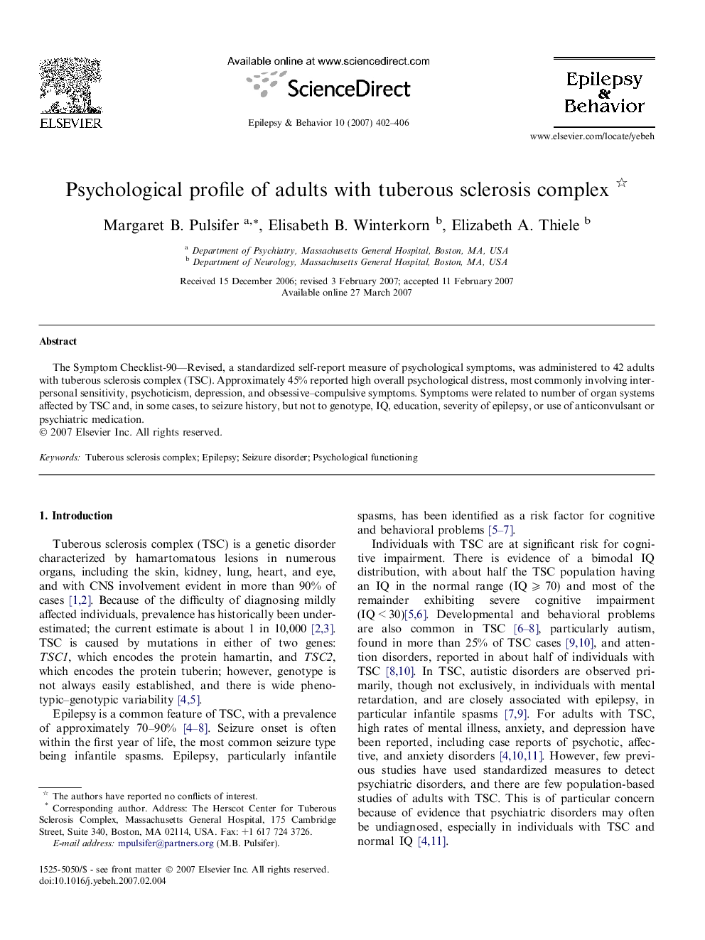 Psychological profile of adults with tuberous sclerosis complex 