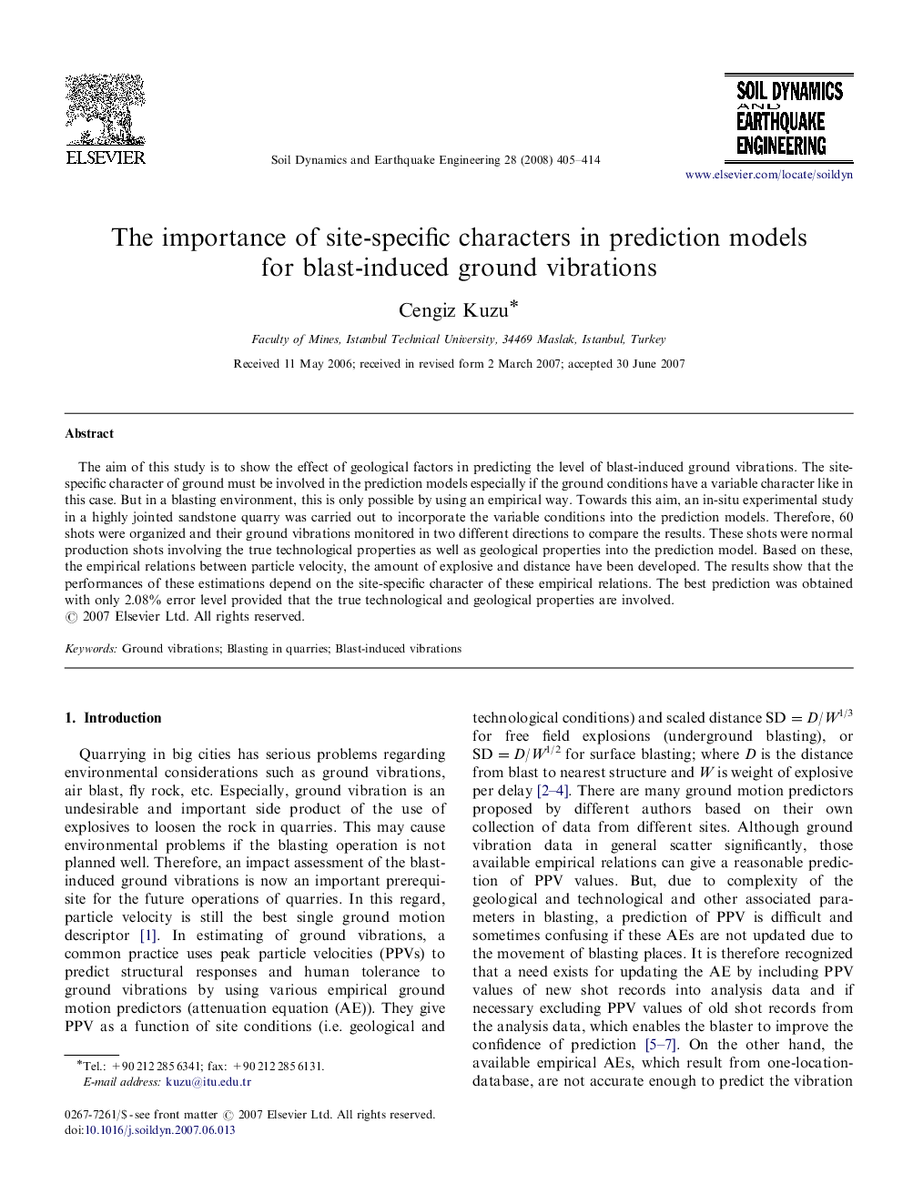 The importance of site-specific characters in prediction models for blast-induced ground vibrations