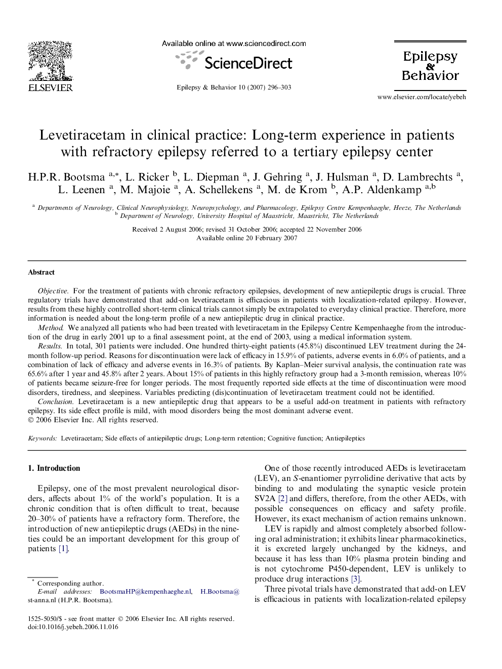 Levetiracetam in clinical practice: Long-term experience in patients with refractory epilepsy referred to a tertiary epilepsy center