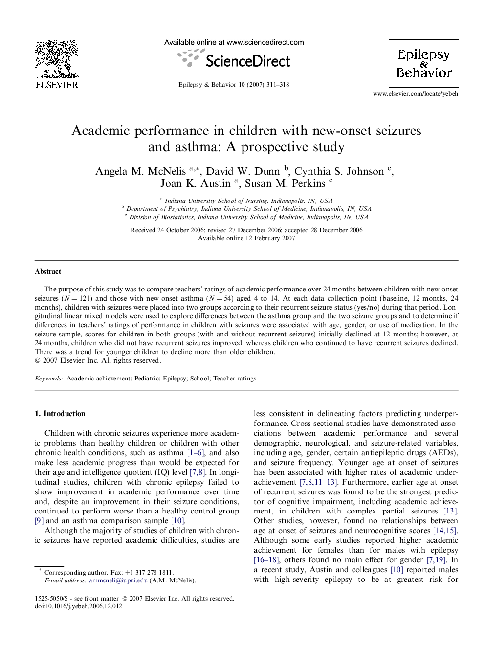 Academic performance in children with new-onset seizures and asthma: A prospective study