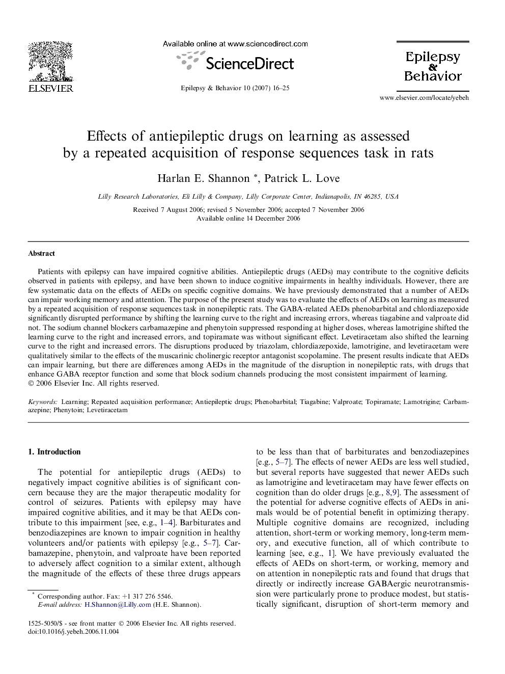 Effects of antiepileptic drugs on learning as assessed by a repeated acquisition of response sequences task in rats