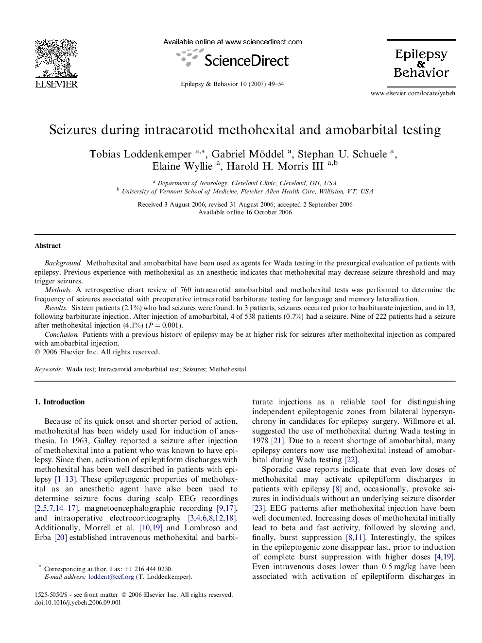 Seizures during intracarotid methohexital and amobarbital testing