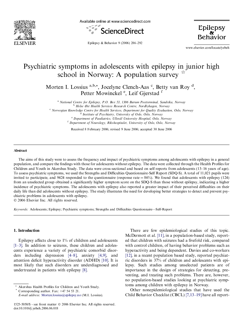 Psychiatric symptoms in adolescents with epilepsy in junior high school in Norway: A population survey 