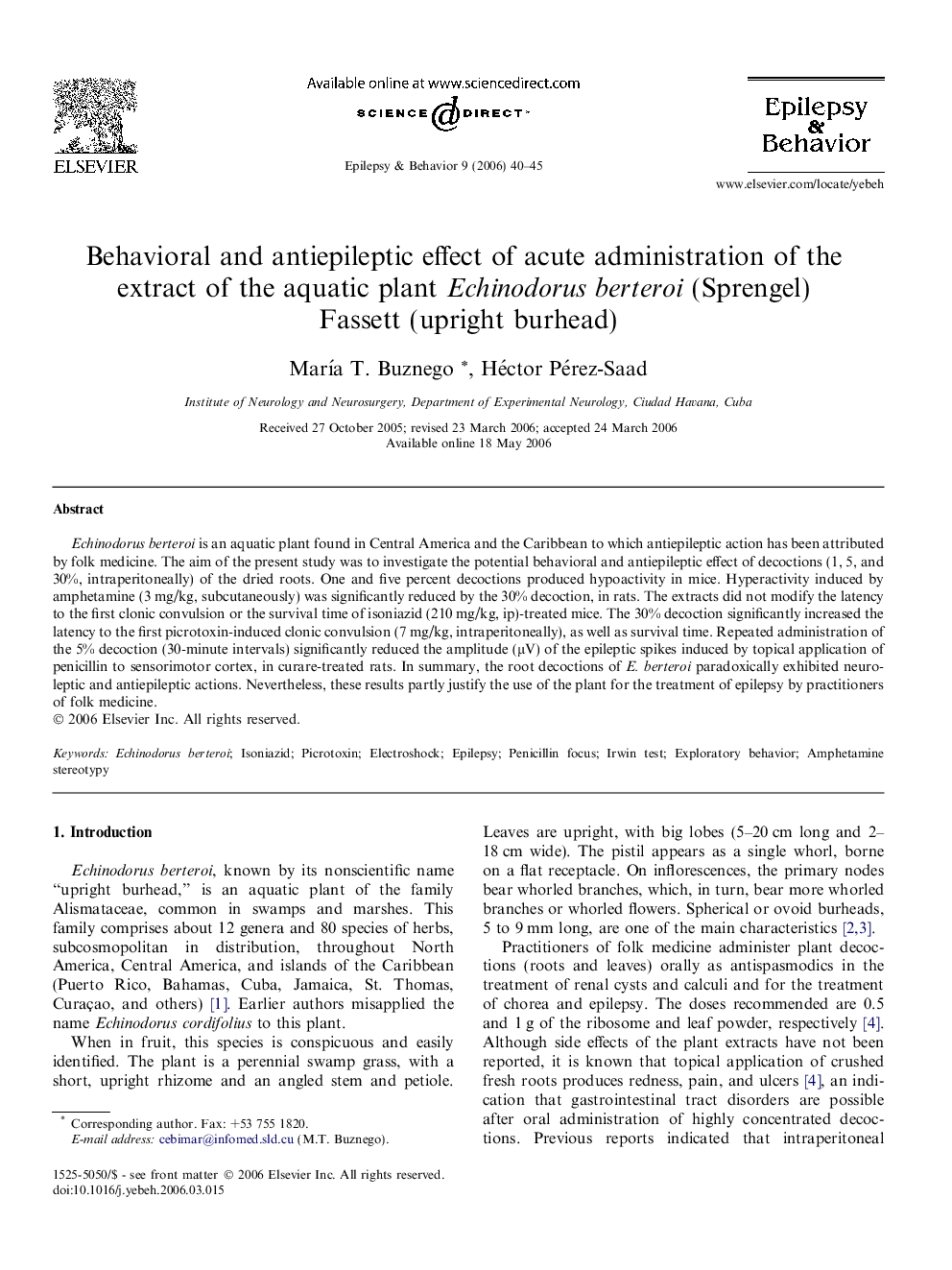 Behavioral and antiepileptic effect of acute administration of the extract of the aquatic plant Echinodorus berteroi (Sprengel) Fassett (upright burhead)