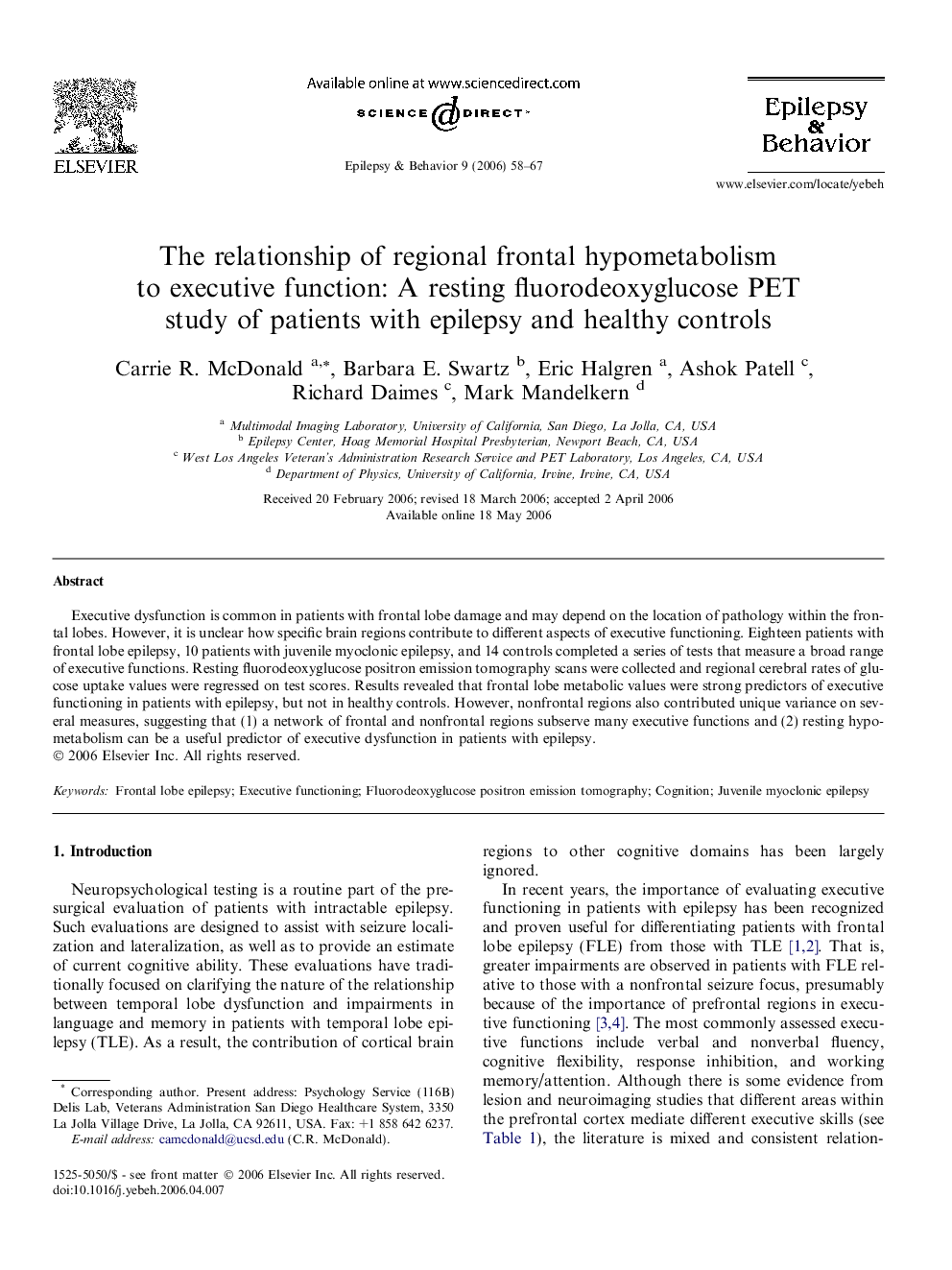 The relationship of regional frontal hypometabolism to executive function: A resting fluorodeoxyglucose PET study of patients with epilepsy and healthy controls