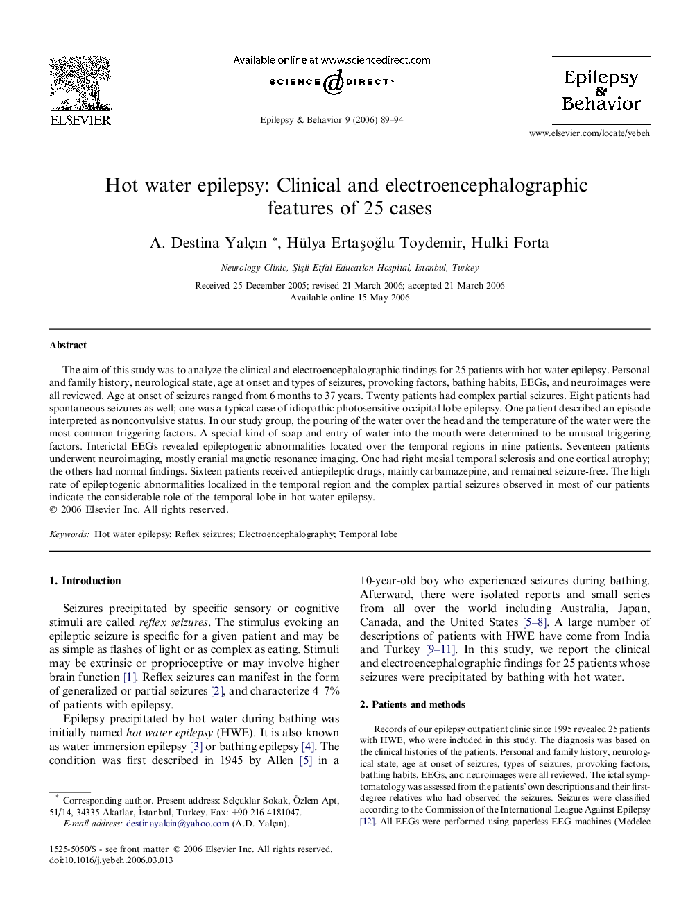 Hot water epilepsy: Clinical and electroencephalographic features of 25 cases