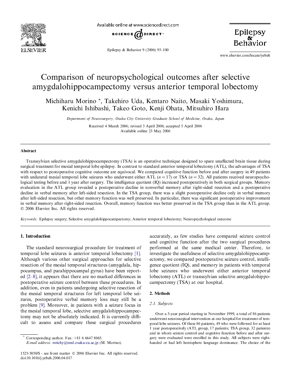 Comparison of neuropsychological outcomes after selective amygdalohippocampectomy versus anterior temporal lobectomy