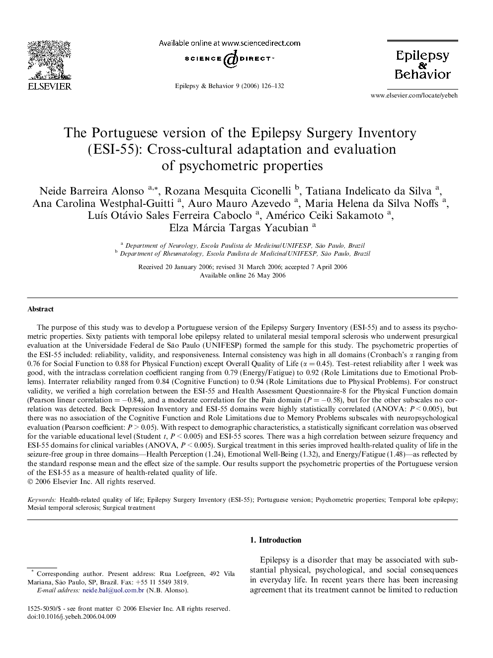 The Portuguese version of the Epilepsy Surgery Inventory (ESI-55): Cross-cultural adaptation and evaluation of psychometric properties