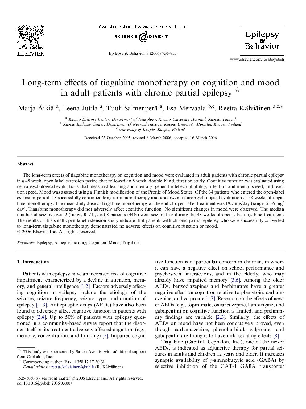 Long-term effects of tiagabine monotherapy on cognition and mood in adult patients with chronic partial epilepsy 