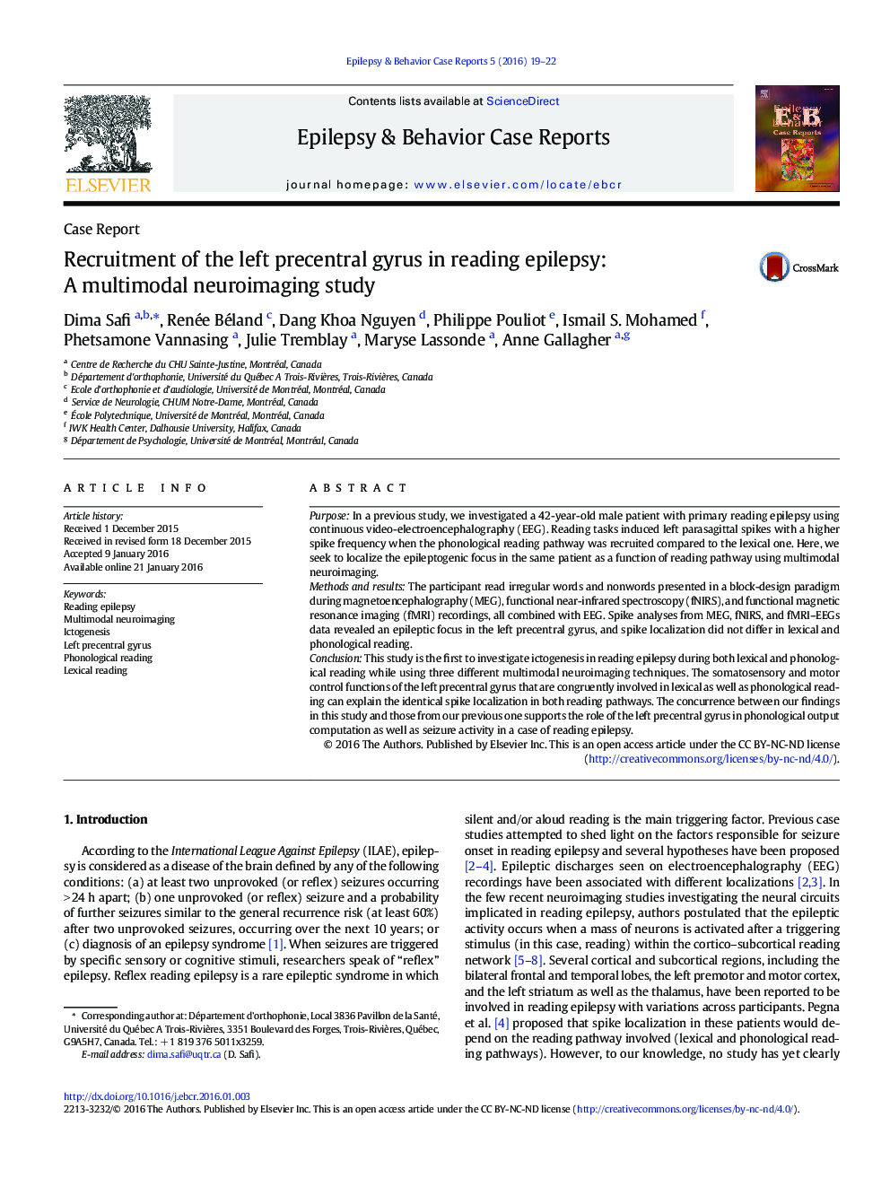 Recruitment of the left precentral gyrus in reading epilepsy: A multimodal neuroimaging study