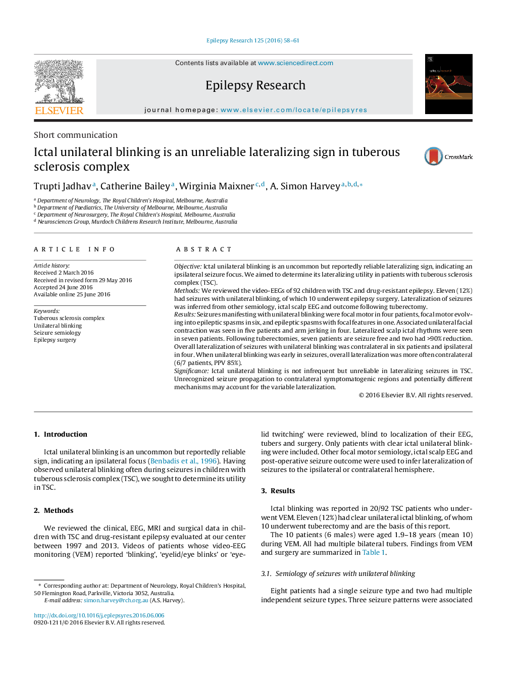 پلک زدن یک جانبه Ictal نشانه lateralizing غیرقابل اعتماد در کمپلکس اسکلروز توبروس است