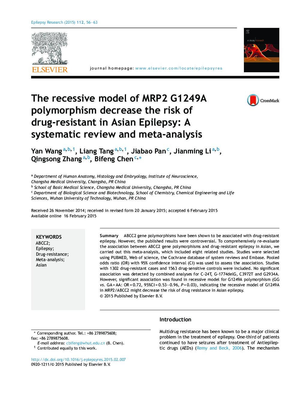 The recessive model of MRP2 G1249A polymorphism decrease the risk of drug-resistant in Asian Epilepsy: A systematic review and meta-analysis