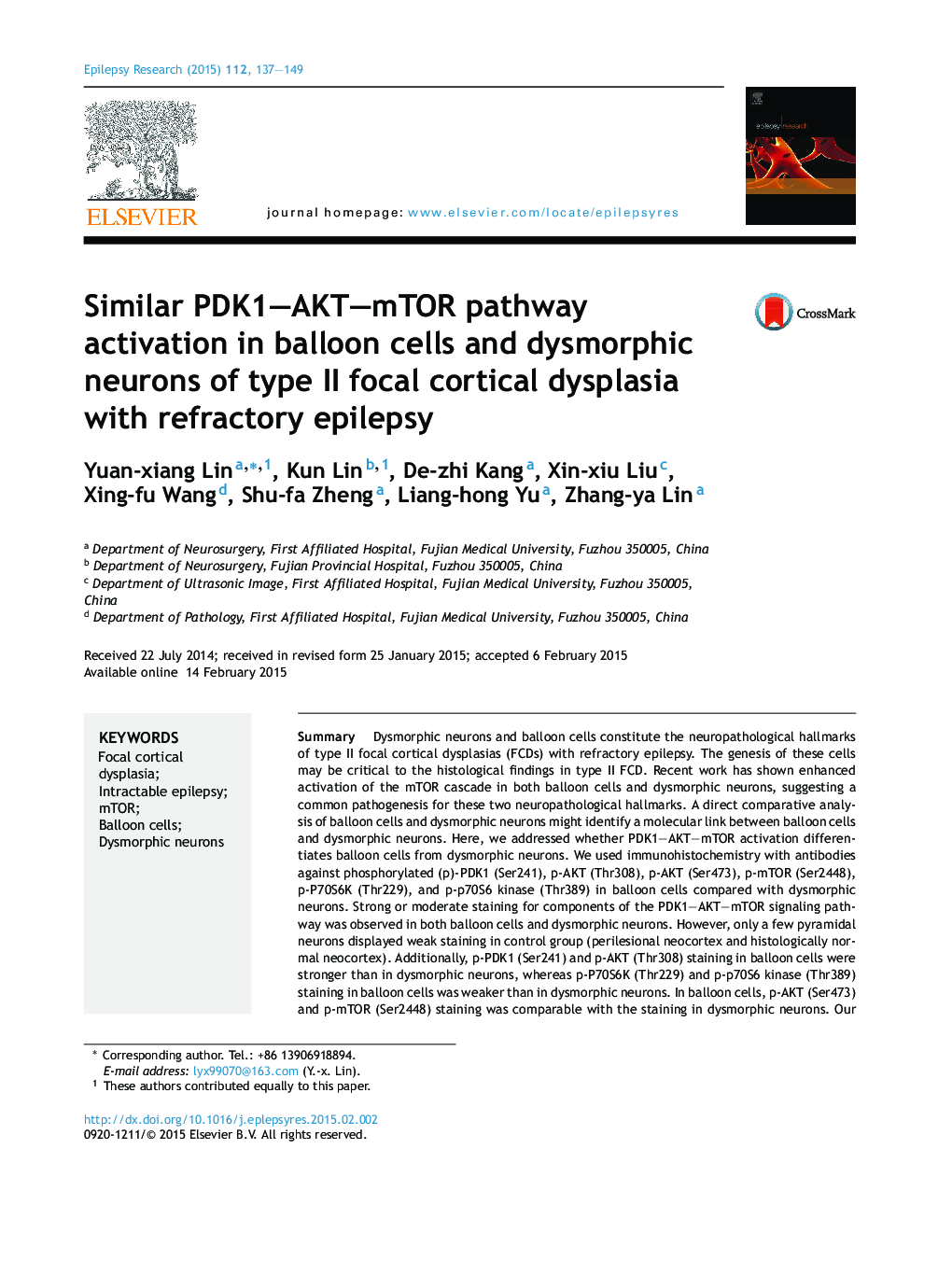 Similar PDK1–AKT–mTOR pathway activation in balloon cells and dysmorphic neurons of type II focal cortical dysplasia with refractory epilepsy