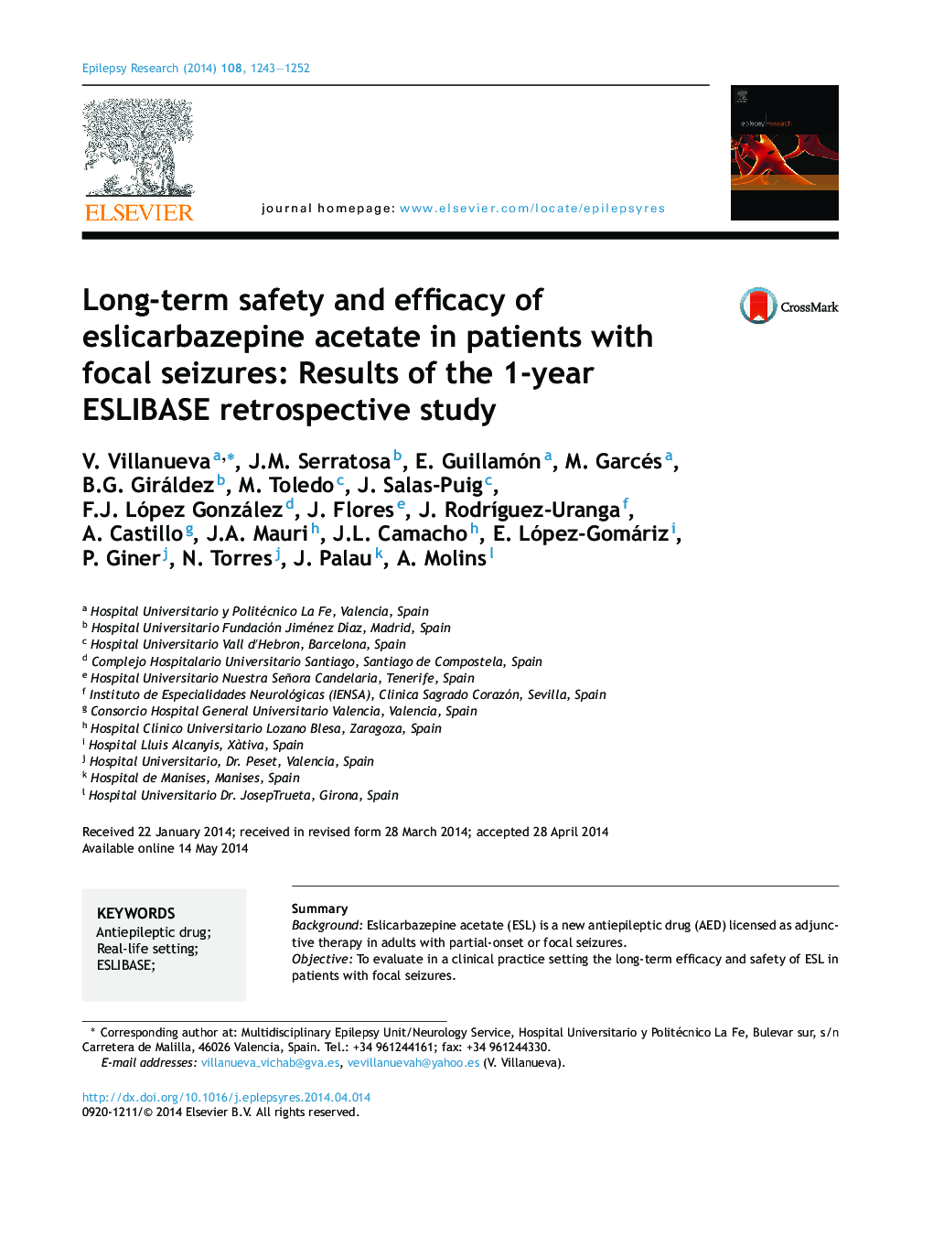 Long-term safety and efficacy of eslicarbazepine acetate in patients with focal seizures: Results of the 1-year ESLIBASE retrospective study