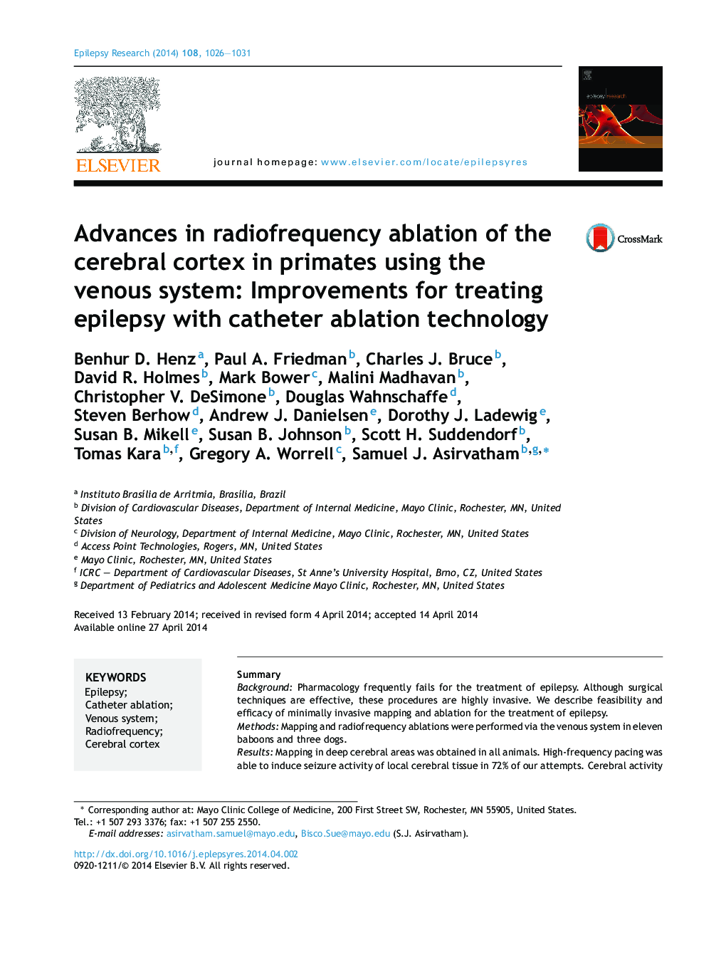 Advances in radiofrequency ablation of the cerebral cortex in primates using the venous system: Improvements for treating epilepsy with catheter ablation technology