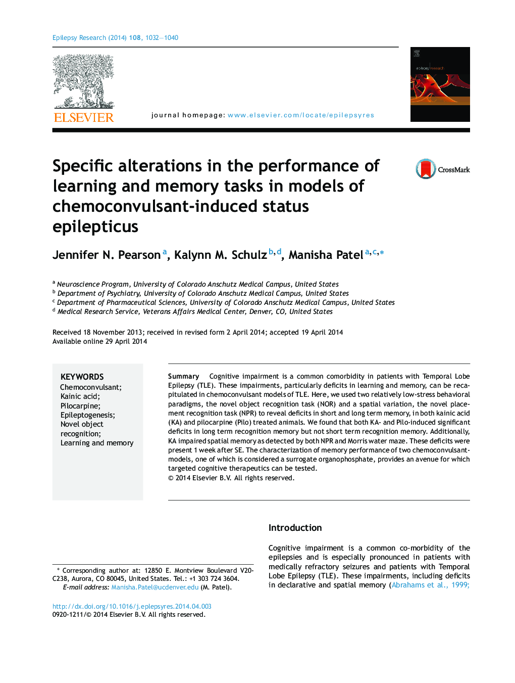 Specific alterations in the performance of learning and memory tasks in models of chemoconvulsant-induced status epilepticus
