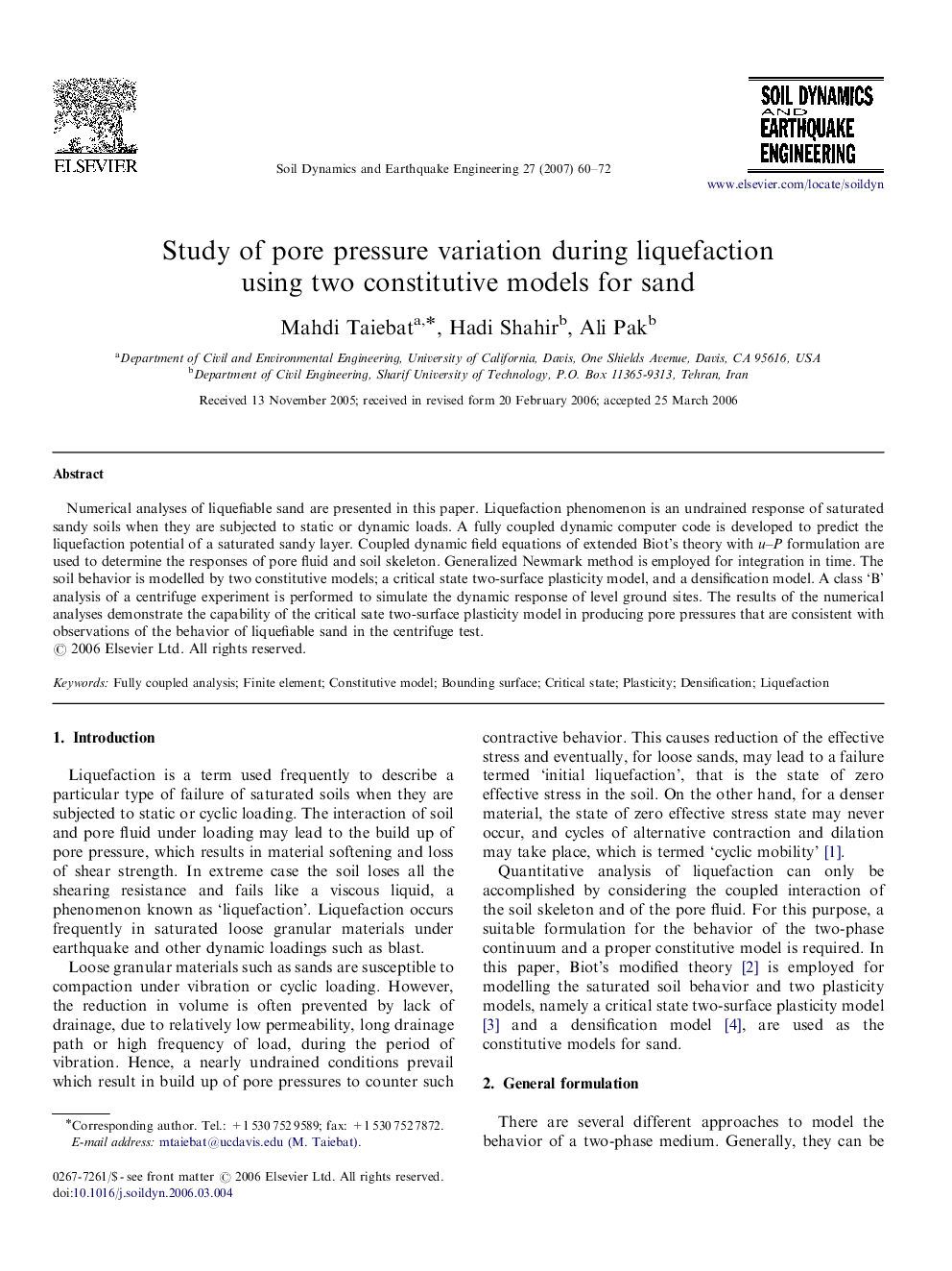 Study of pore pressure variation during liquefaction using two constitutive models for sand