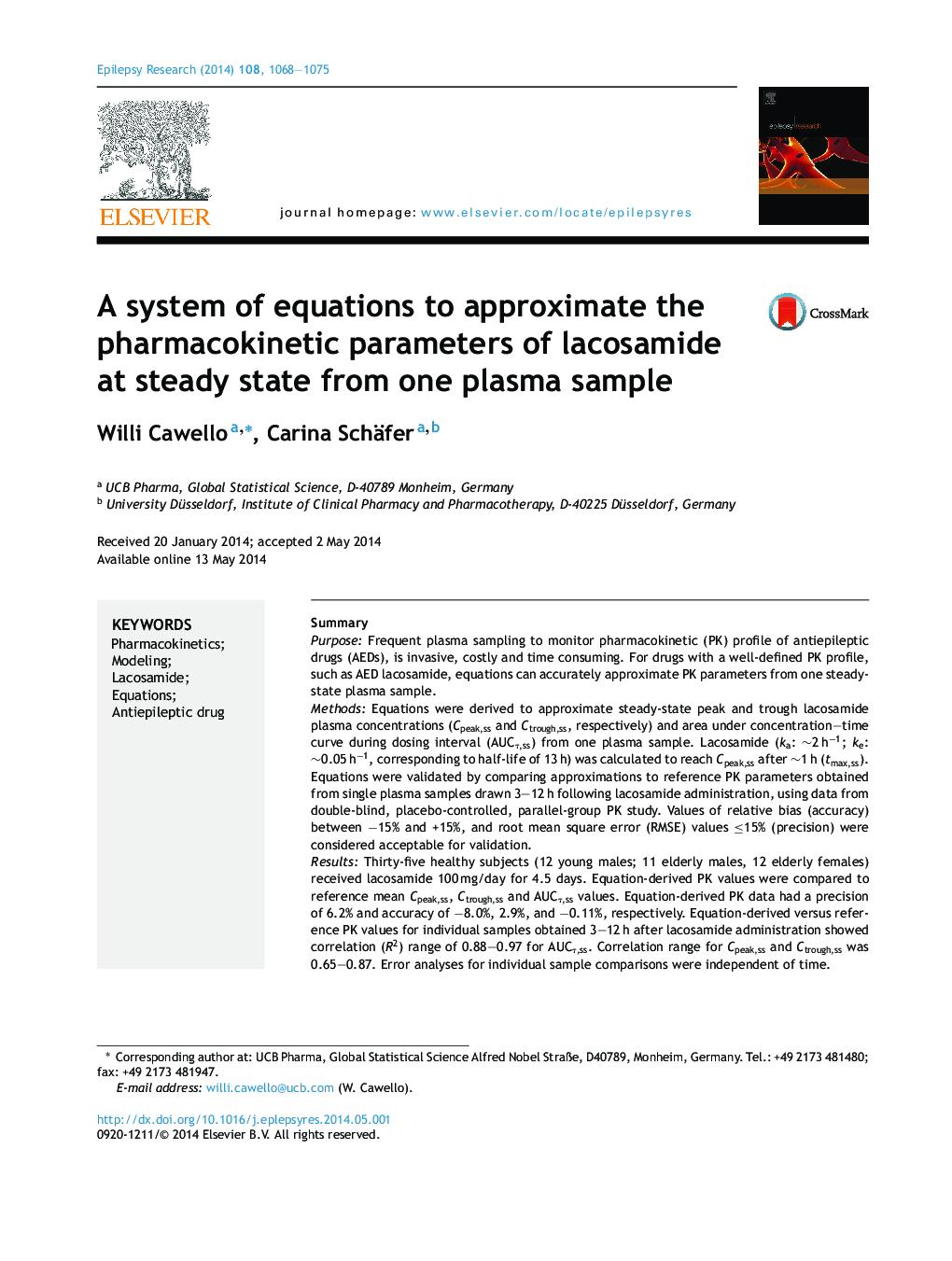 A system of equations to approximate the pharmacokinetic parameters of lacosamide at steady state from one plasma sample