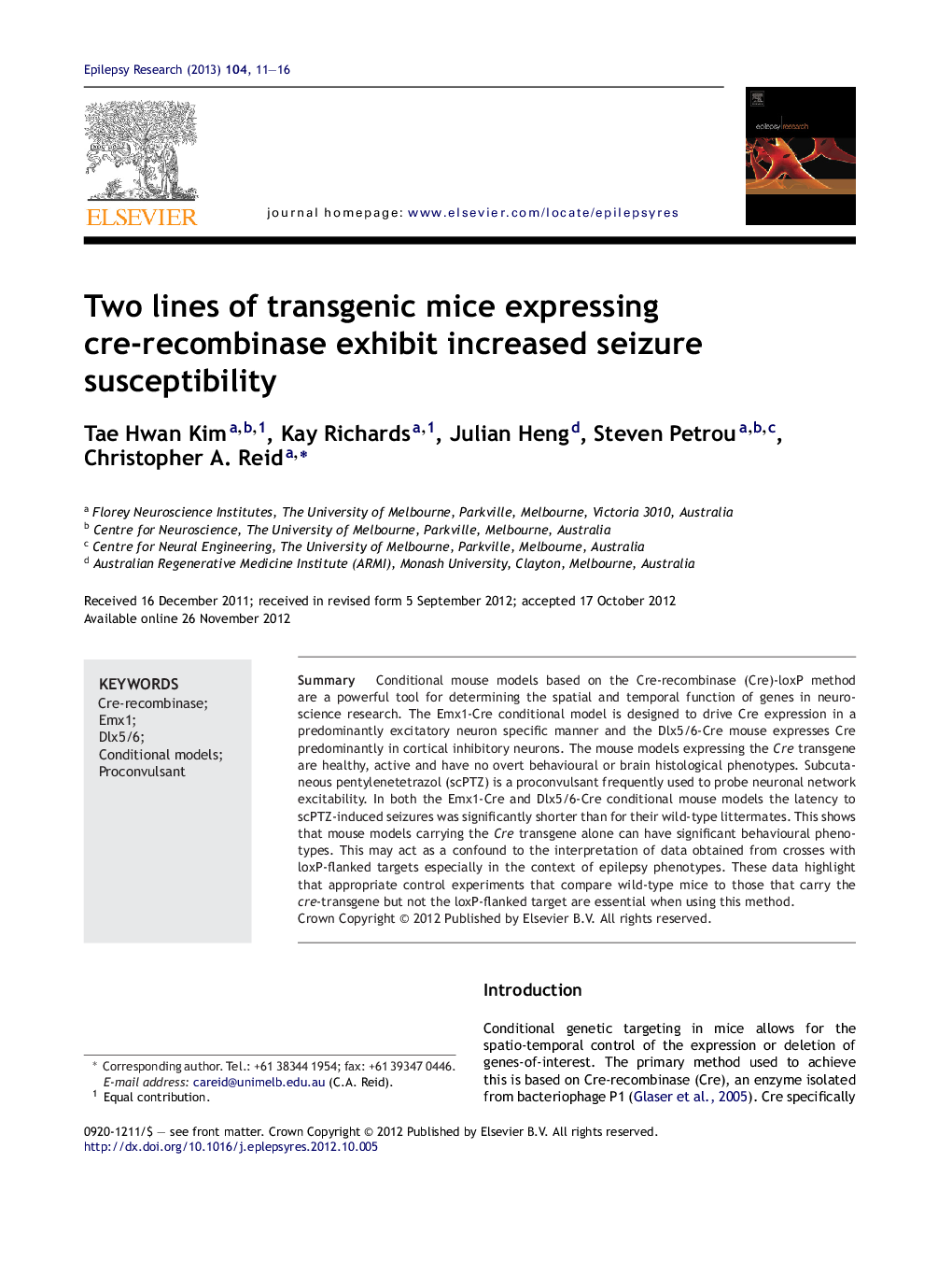 Two lines of transgenic mice expressing cre-recombinase exhibit increased seizure susceptibility