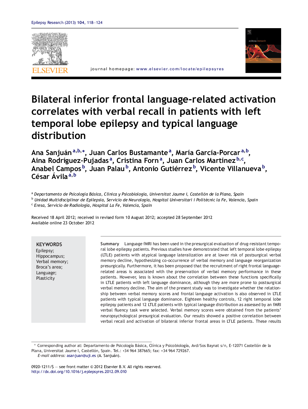 Bilateral inferior frontal language-related activation correlates with verbal recall in patients with left temporal lobe epilepsy and typical language distribution