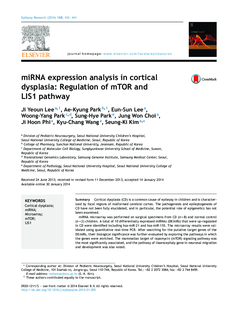 miRNA expression analysis in cortical dysplasia: Regulation of mTOR and LIS1 pathway