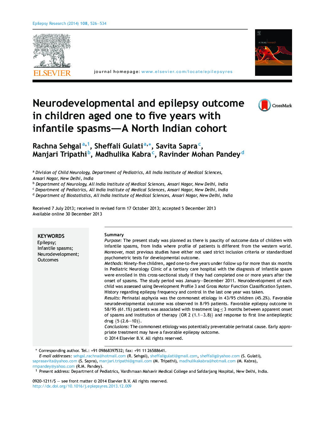 Neurodevelopmental and epilepsy outcome in children aged one to five years with infantile spasms—A North Indian cohort