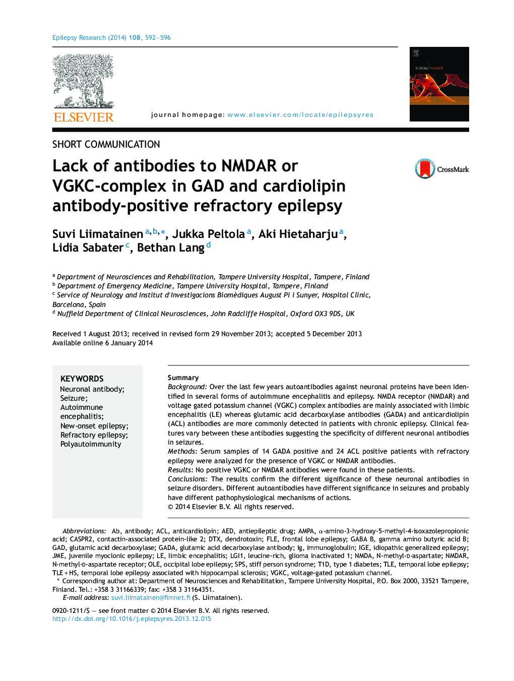 Lack of antibodies to NMDAR or VGKC-complex in GAD and cardiolipin antibody-positive refractory epilepsy