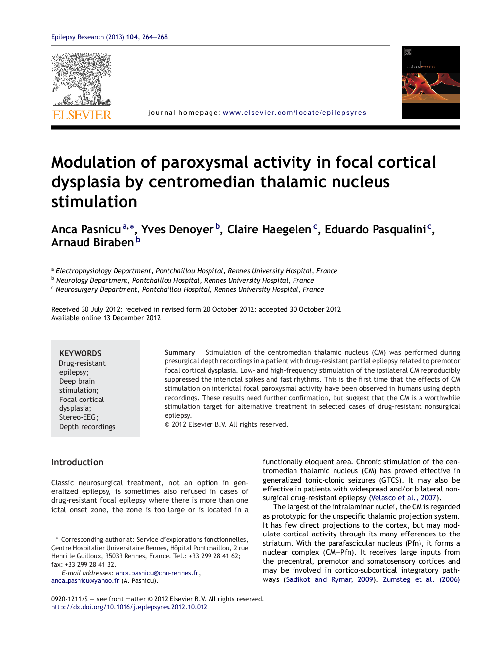 Modulation of paroxysmal activity in focal cortical dysplasia by centromedian thalamic nucleus stimulation