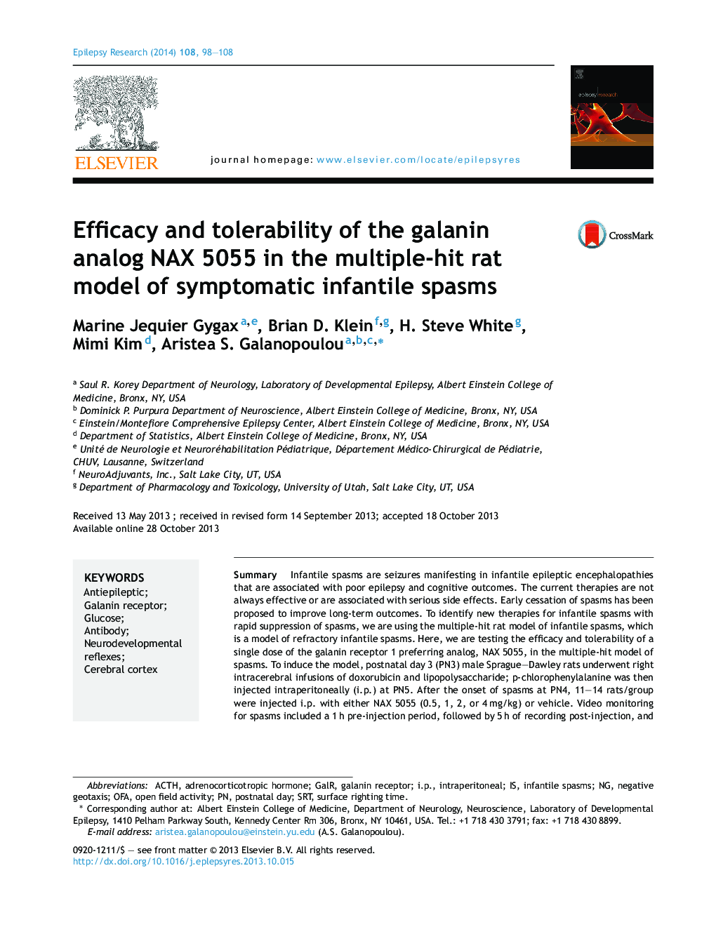 Efficacy and tolerability of the galanin analog NAX 5055 in the multiple-hit rat model of symptomatic infantile spasms