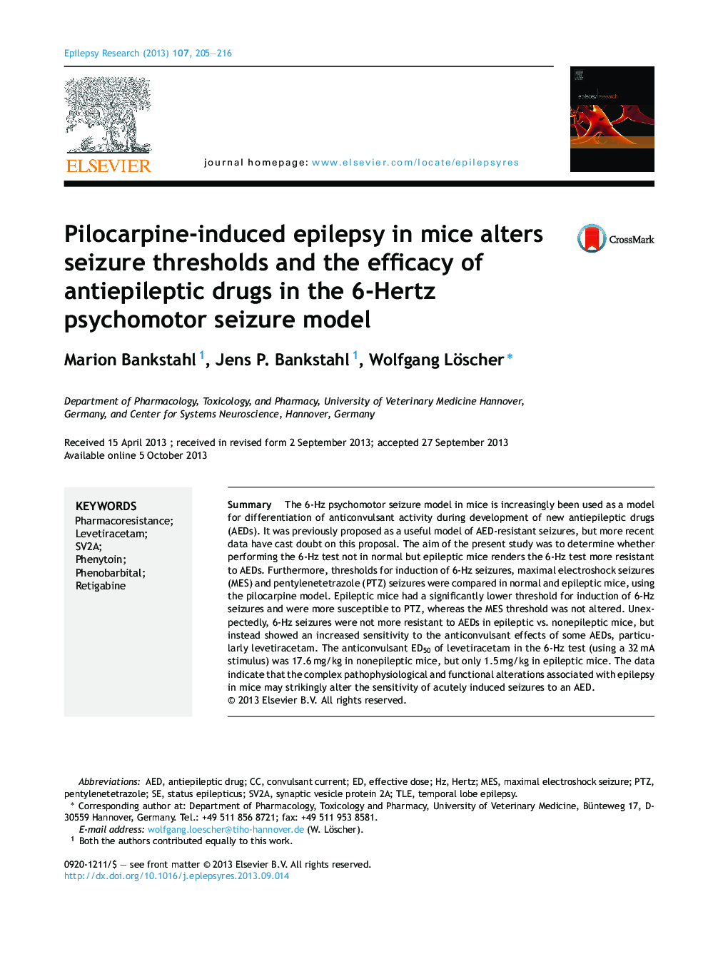 Pilocarpine-induced epilepsy in mice alters seizure thresholds and the efficacy of antiepileptic drugs in the 6-Hertz psychomotor seizure model