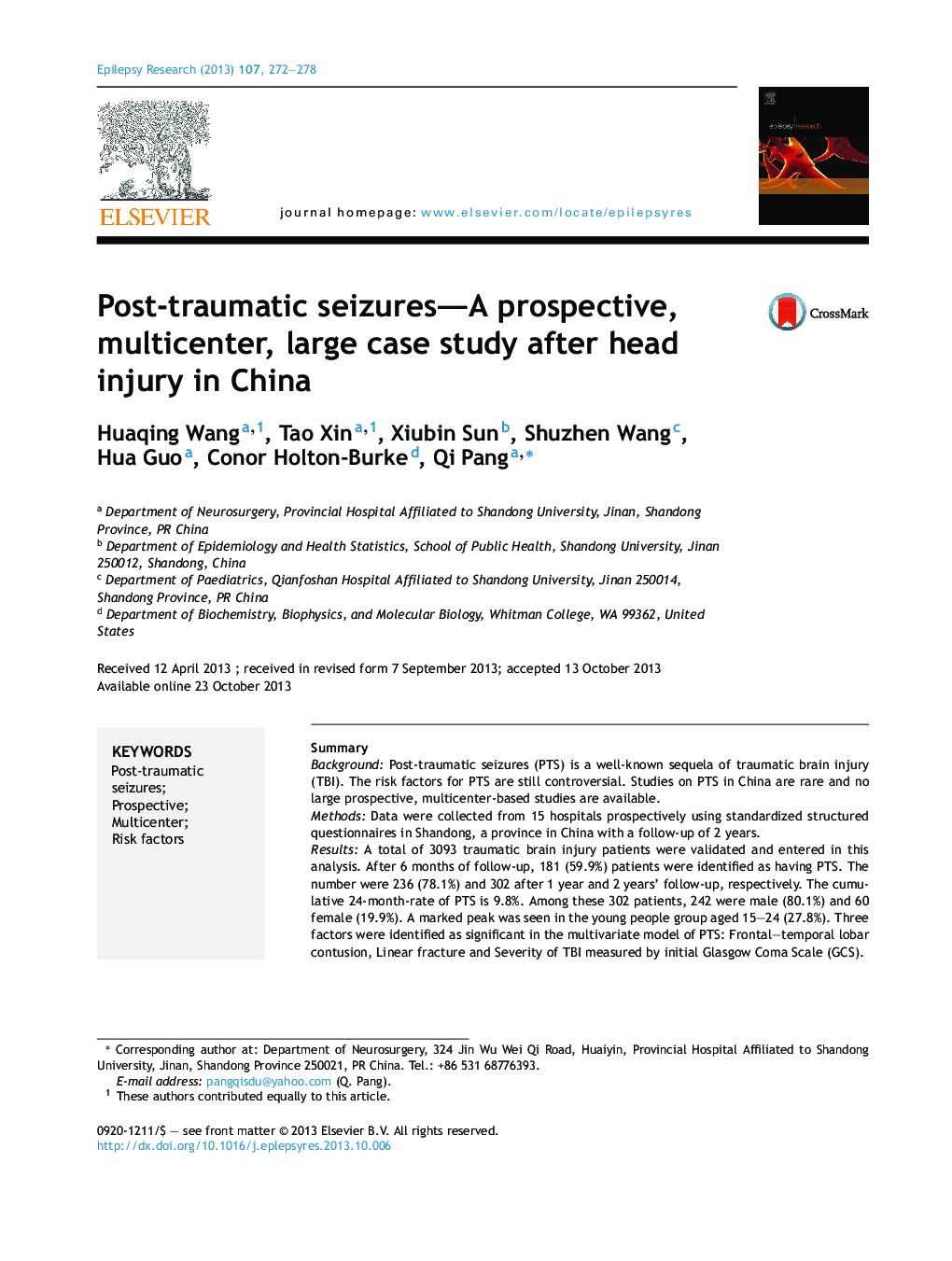 Post-traumatic seizures—A prospective, multicenter, large case study after head injury in China