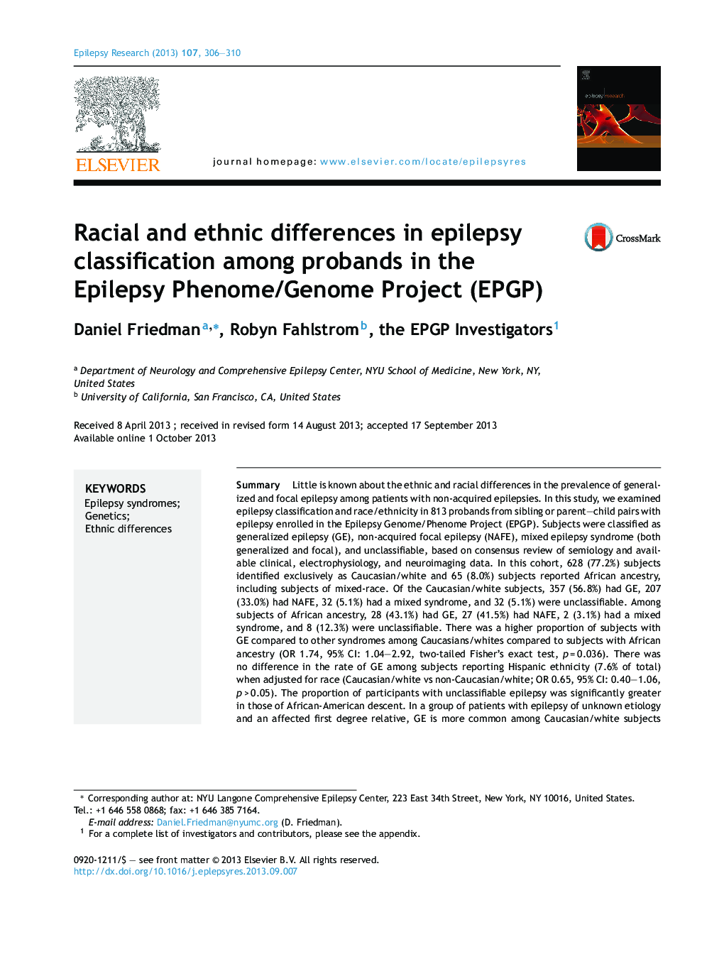 Racial and ethnic differences in epilepsy classification among probands in the Epilepsy Phenome/Genome Project (EPGP)