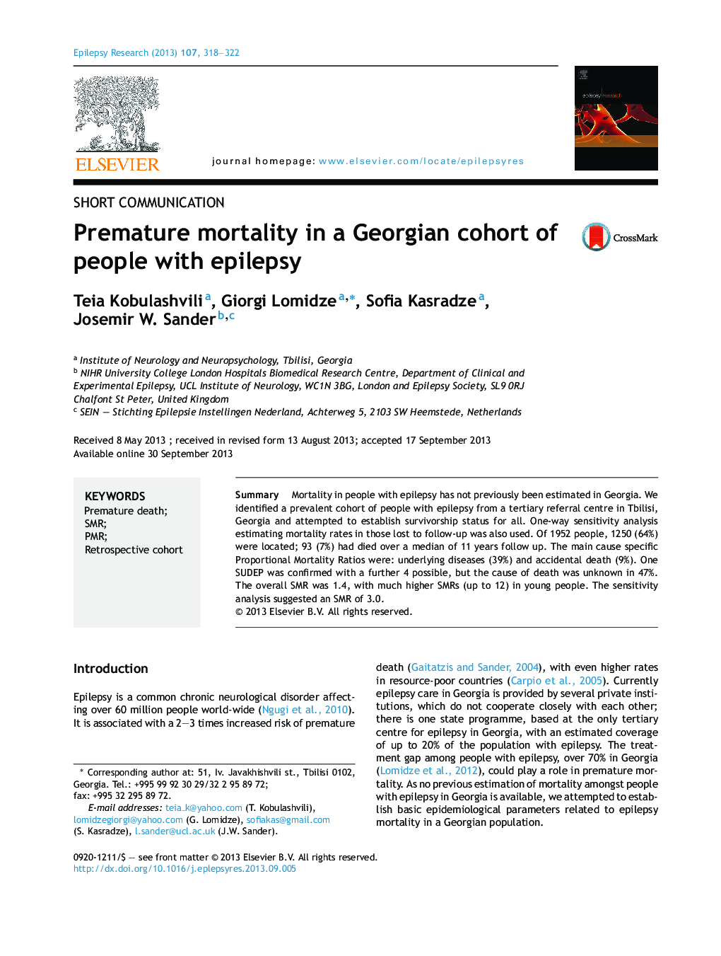 Premature mortality in a Georgian cohort of people with epilepsy