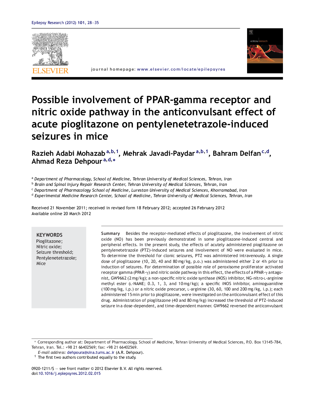 Possible involvement of PPAR-gamma receptor and nitric oxide pathway in the anticonvulsant effect of acute pioglitazone on pentylenetetrazole-induced seizures in mice