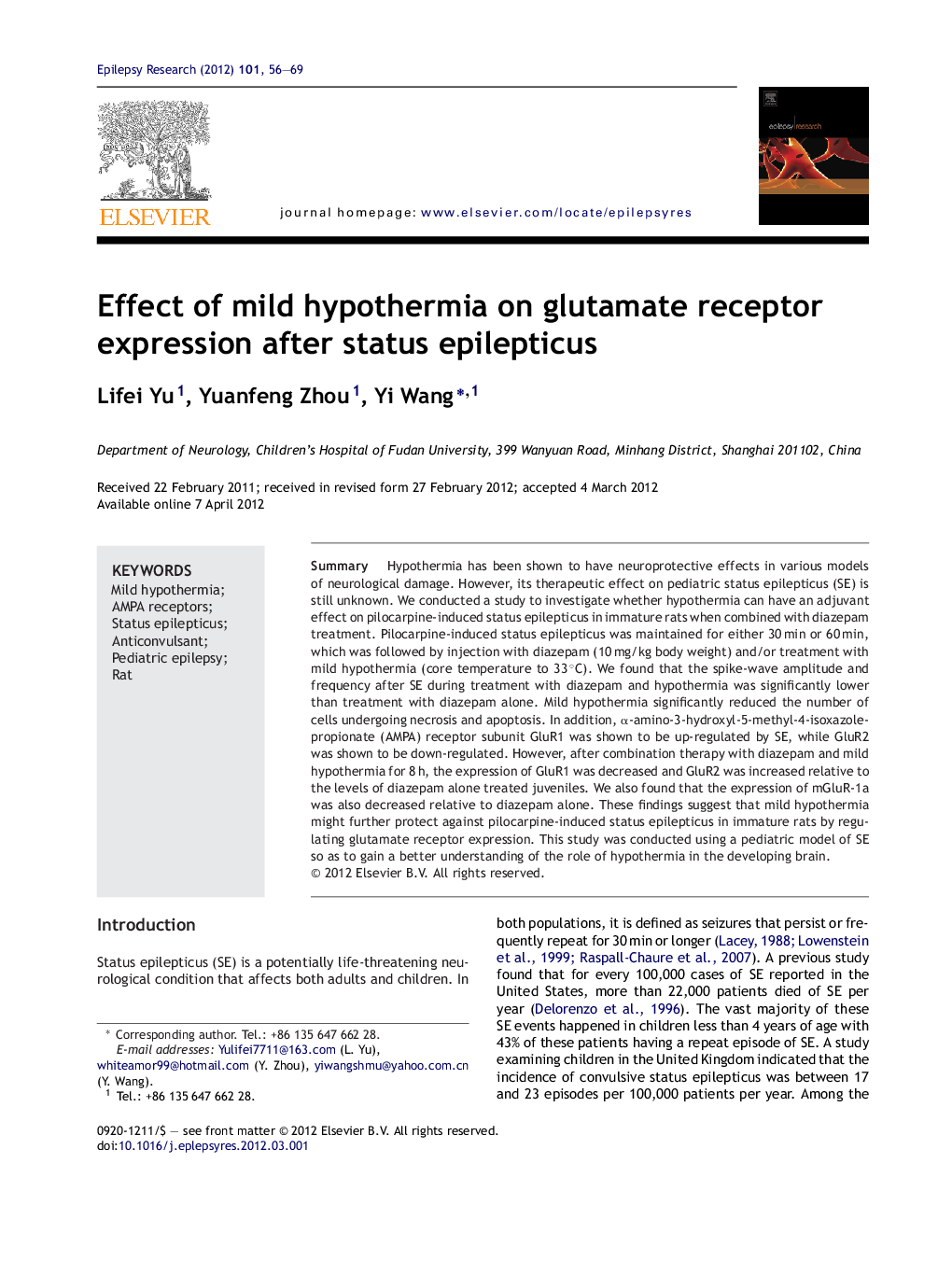 Effect of mild hypothermia on glutamate receptor expression after status epilepticus