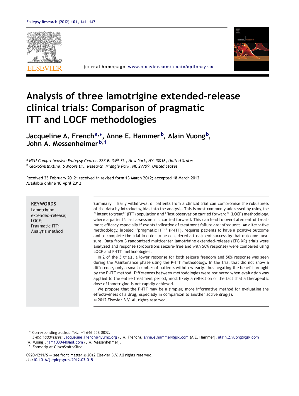 Analysis of three lamotrigine extended-release clinical trials: Comparison of pragmatic ITT and LOCF methodologies