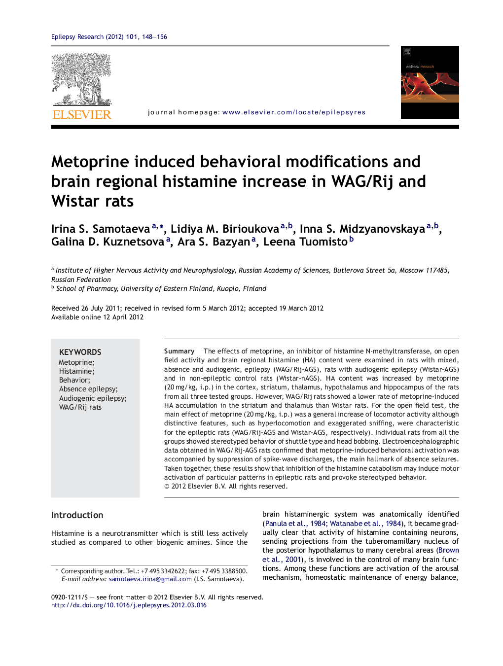 Metoprine induced behavioral modifications and brain regional histamine increase in WAG/Rij and Wistar rats